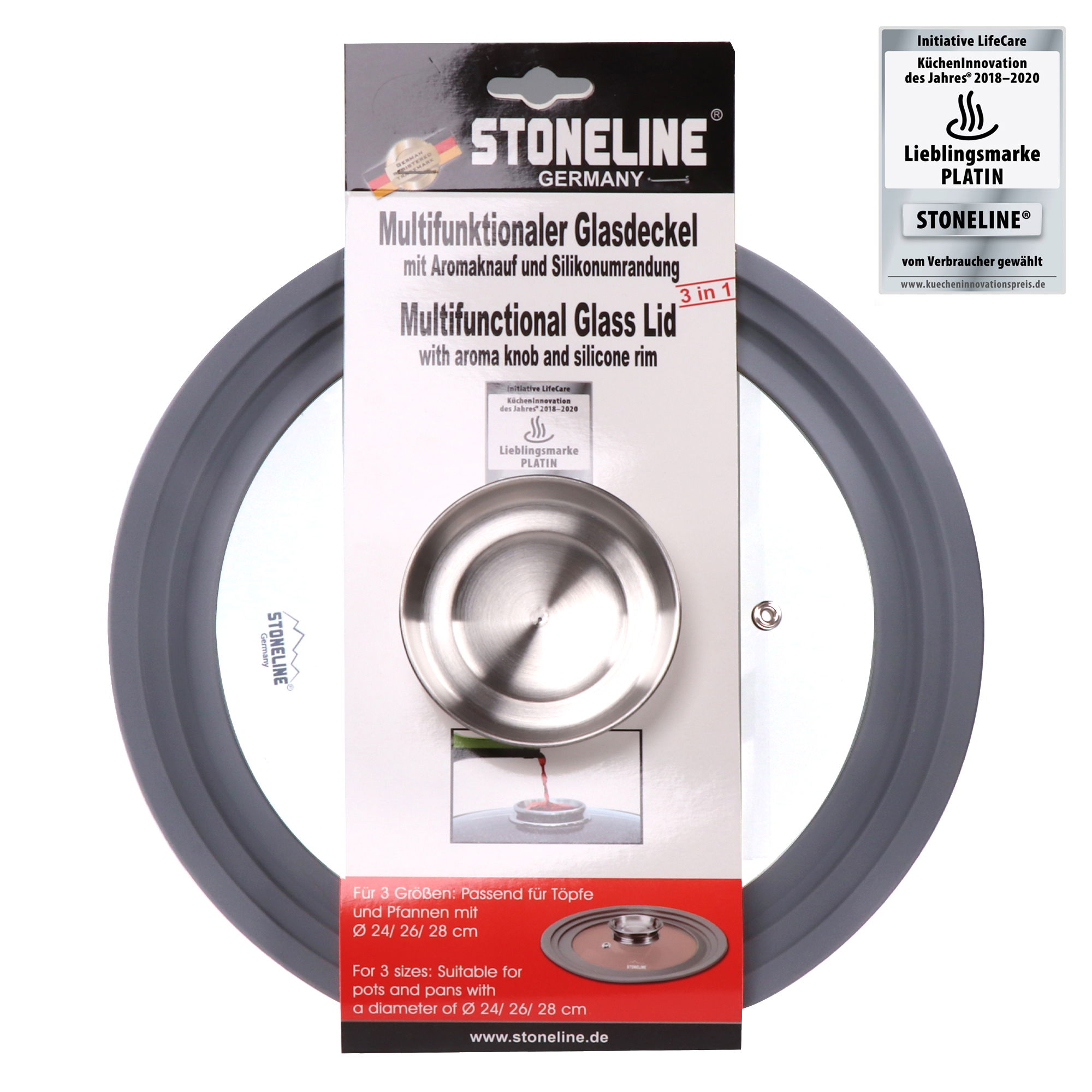 STONELINE® Universal Glasdeckel, mit Silikonrand und Aromaknauf für einen Durchmesser von 24/26/28 cm