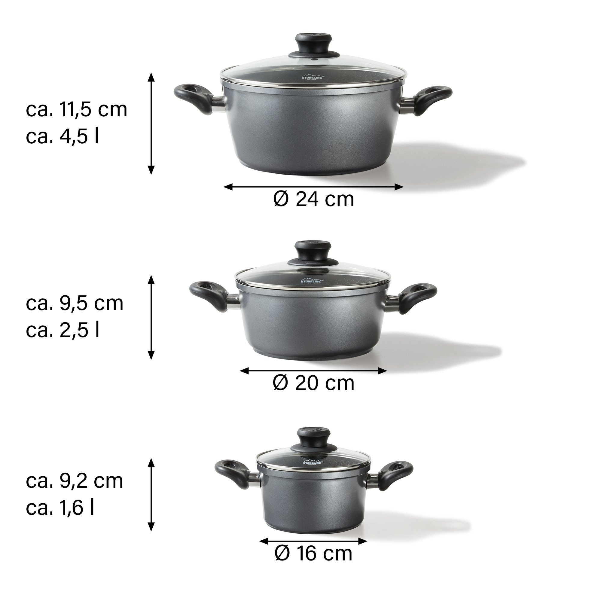 STONELINE® Set de 3 casseroles, 16/20/24 cm, avec couvercles, Antiadhésives