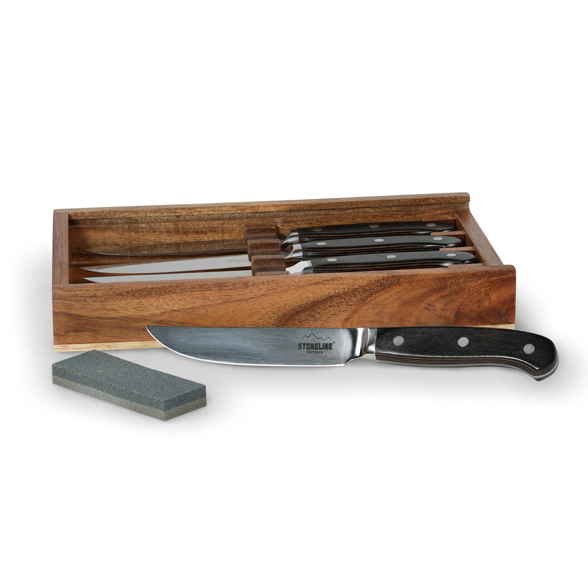 STONELINE® 4 pc Stainless Steel Steak Knives Set Wooden Handle, Sharpener, Wooden Box