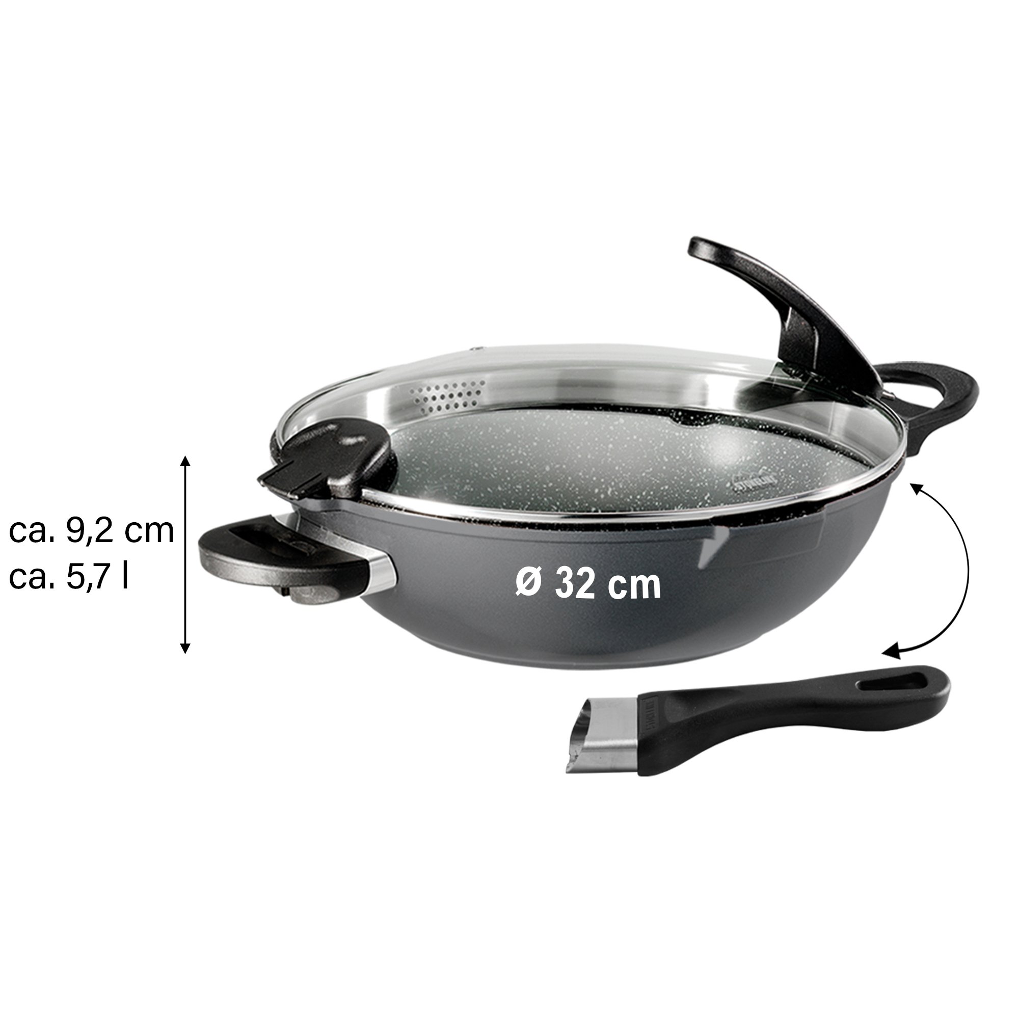STONELINE® FUTURE wok pan 32 cm, interchangeable handles, with sieve glass lid, suitable for induction