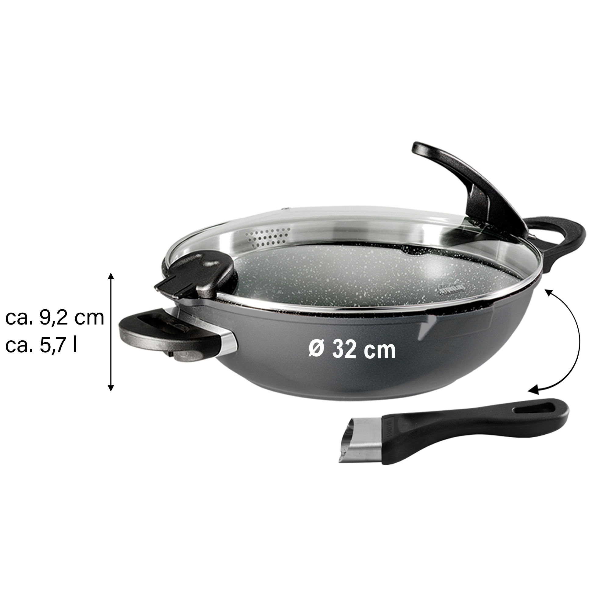 STONELINE® Wok Pan 32 cm, Strainer Lid, Exchangeable Handles, Non-Stick Pan | FUTURE