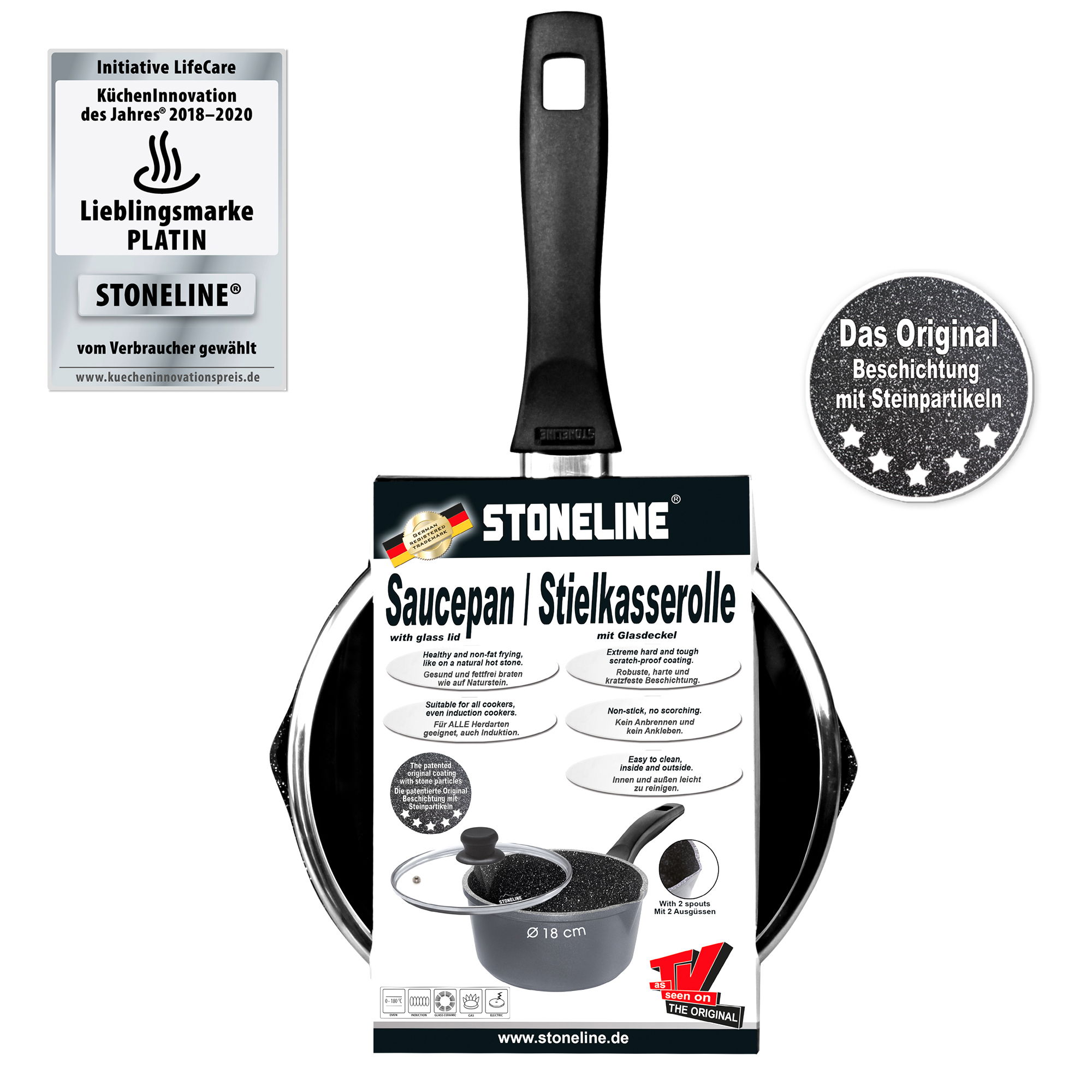 STONELINE® Saucepan 18 cm, with Lid, 2 Spouts, Skillet, Non-Stick Pot | CLASSIC