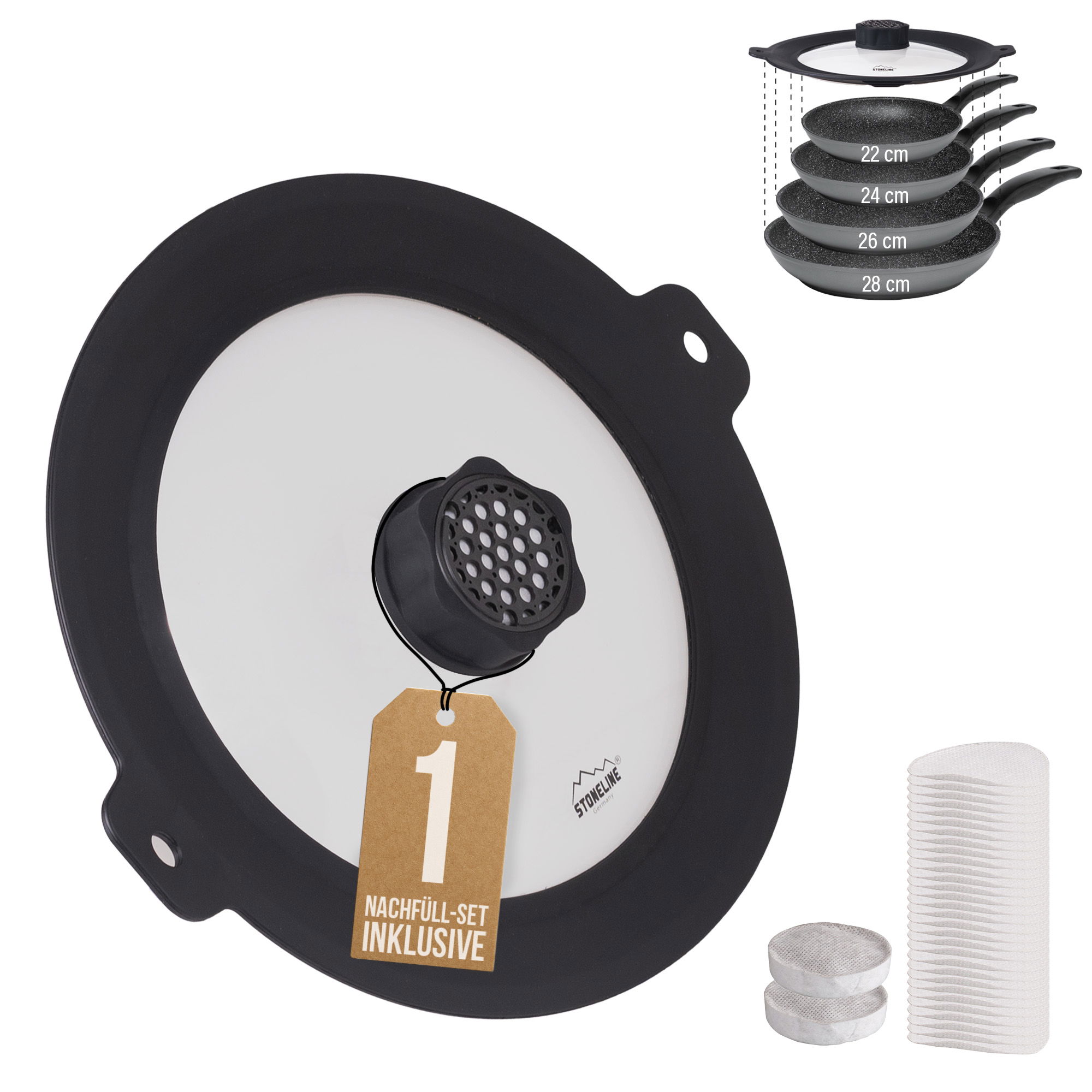Universal Glass Lid 22/24/26/28 with SMELL WELL Function and 1 Refill Set | Black