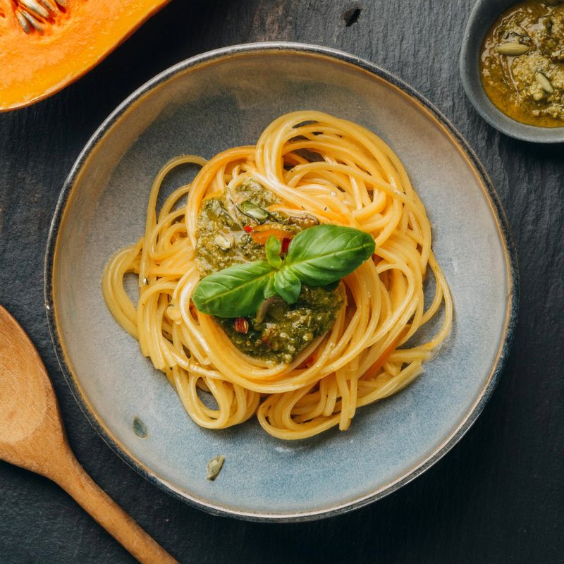 Spaghetti mit Spaghettikürbis und grünem Pesto | Handgemachte Kürbisnudeln Spaghetti mit Spaghettikürbis und grünem Pesto | Handgemachte Kürbisnudeln